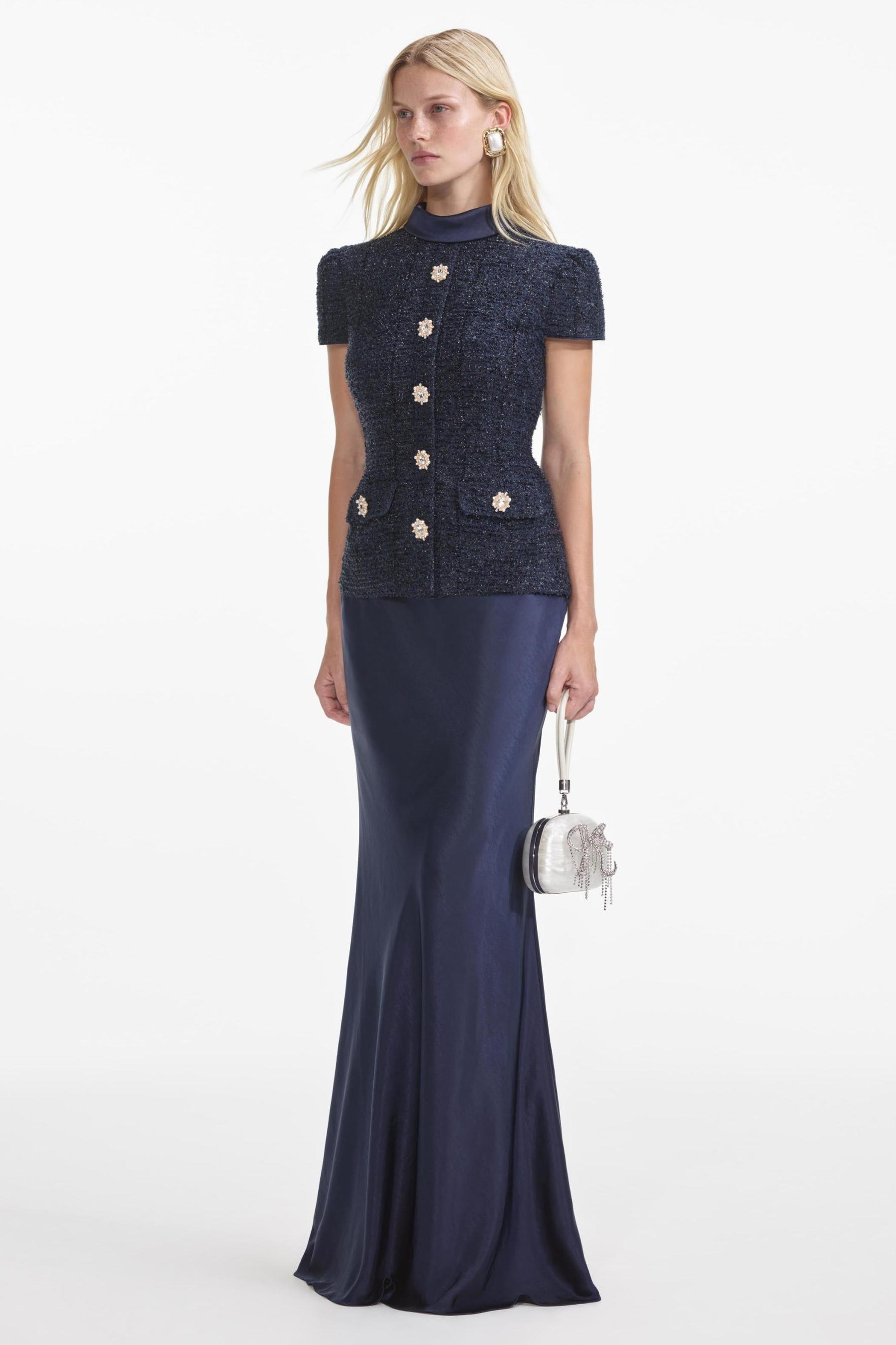 Rivet Stand Collar Top & Satin High Waist Midi Skirt Set