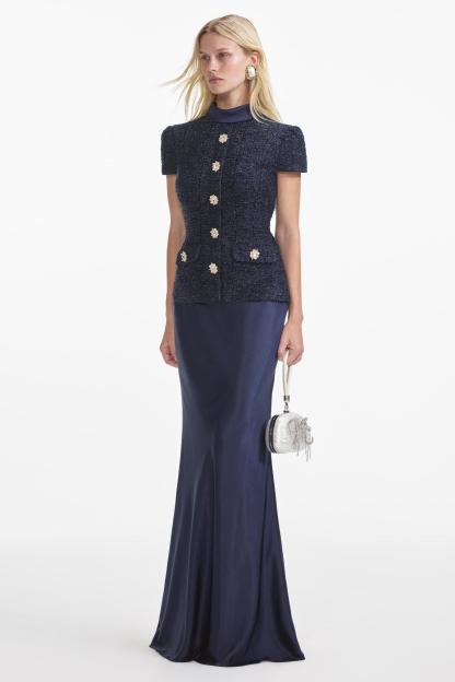 Rivet Stand Collar Top & Satin High Waist Midi Skirt Set