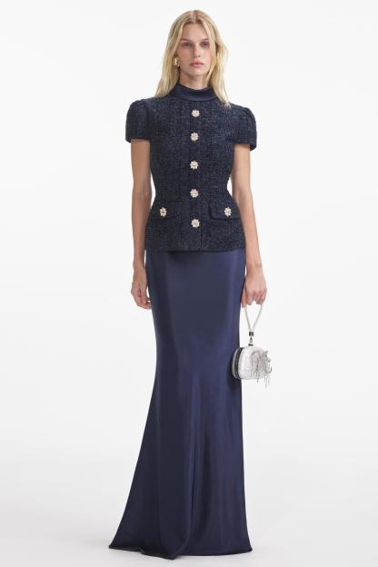 Rivet Stand Collar Top & Satin High Waist Midi Skirt Set