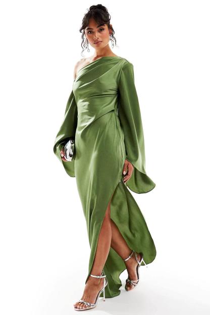 Satin Skew Collar Slit Midi Dress