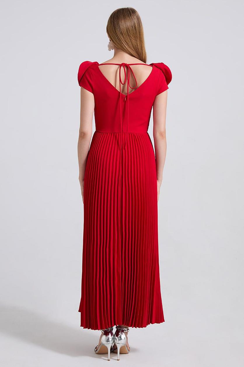 Solid 3D Flower Pleated Tie-Up Midi Dress