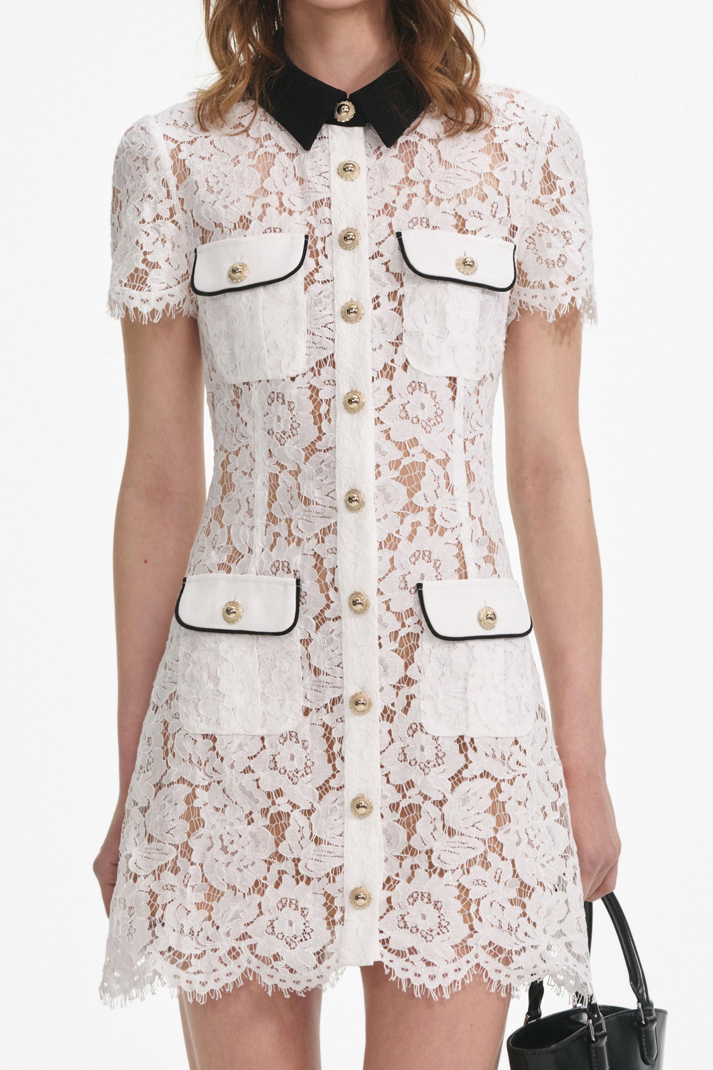 Lace Shirt Collar Single Breasted Mini Dress