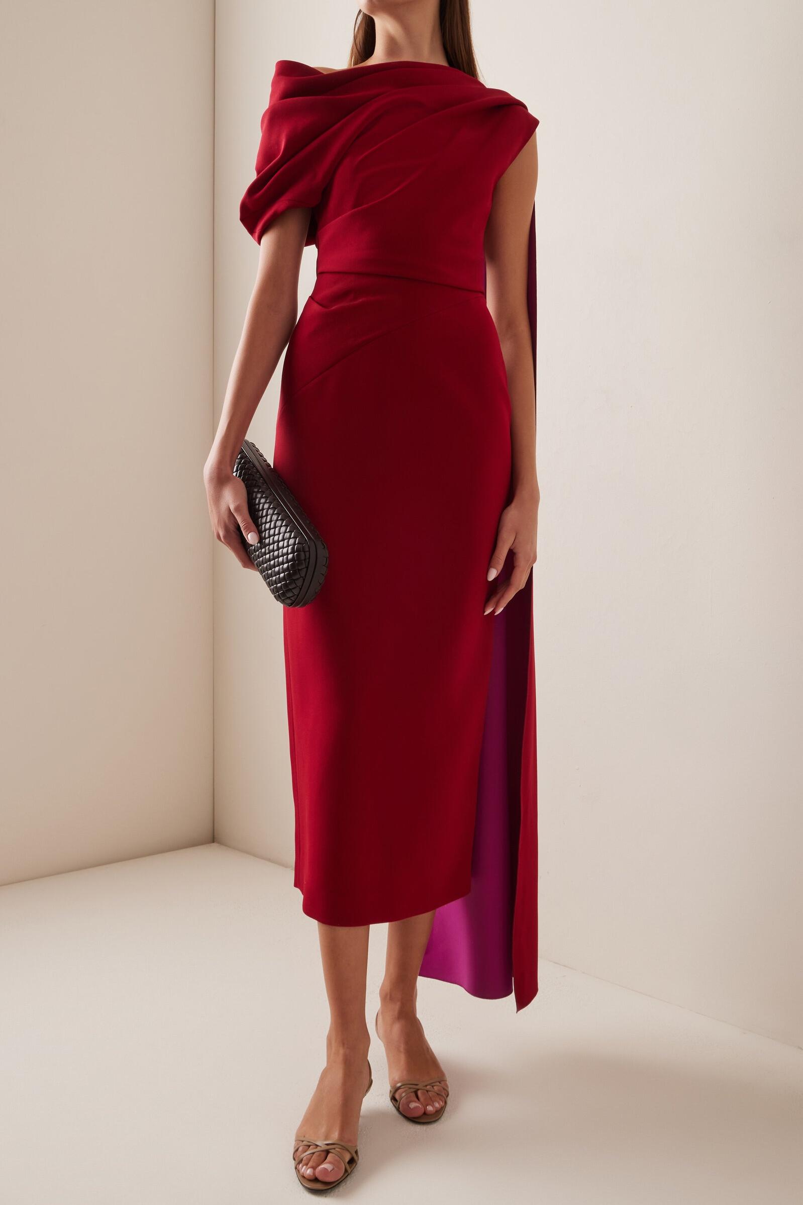 Contrast Color Cape Sleeve Slit Midi Dress