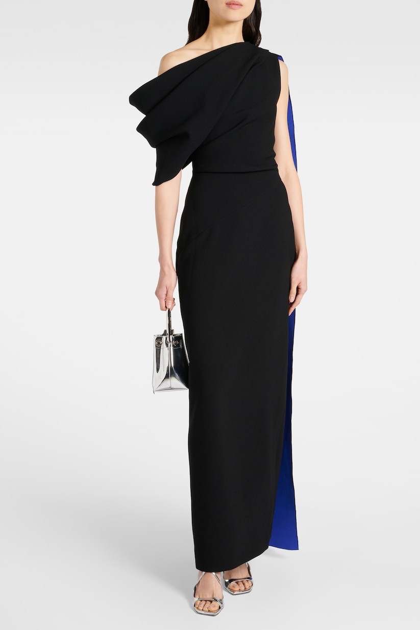 Contrast Color Cape Sleeve Slit Midi Dress