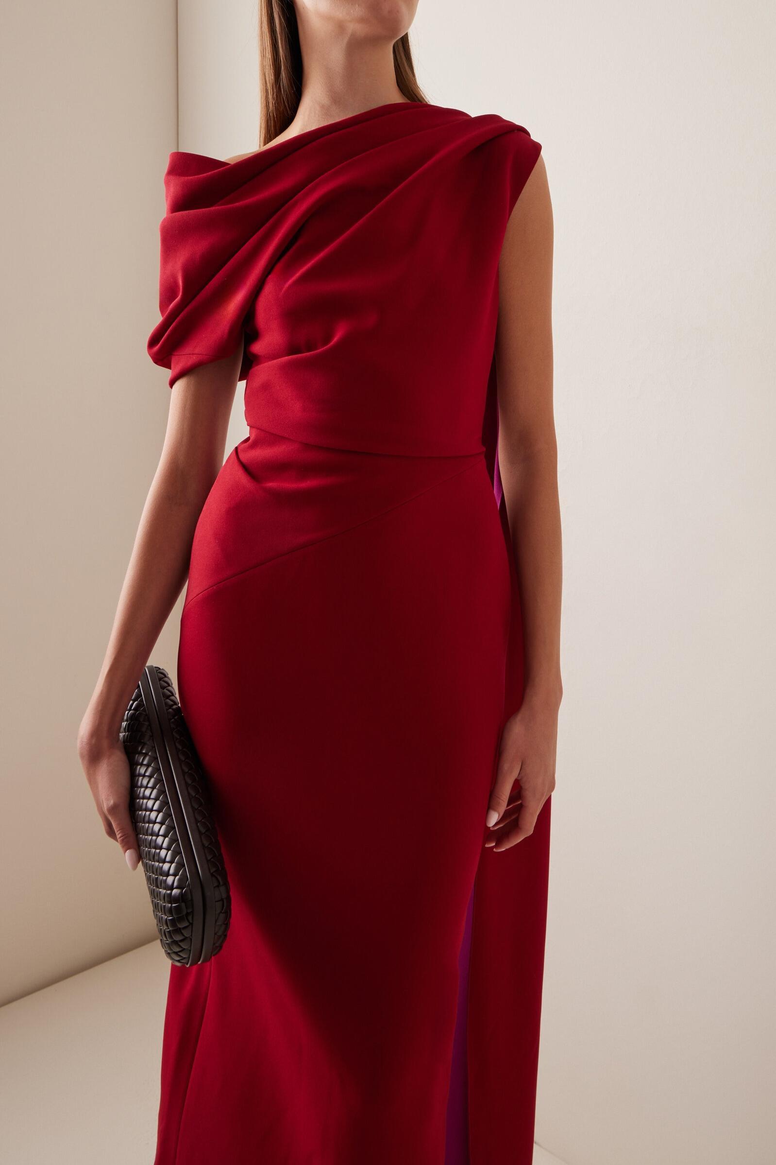 Contrast Color Cape Sleeve Slit Midi Dress