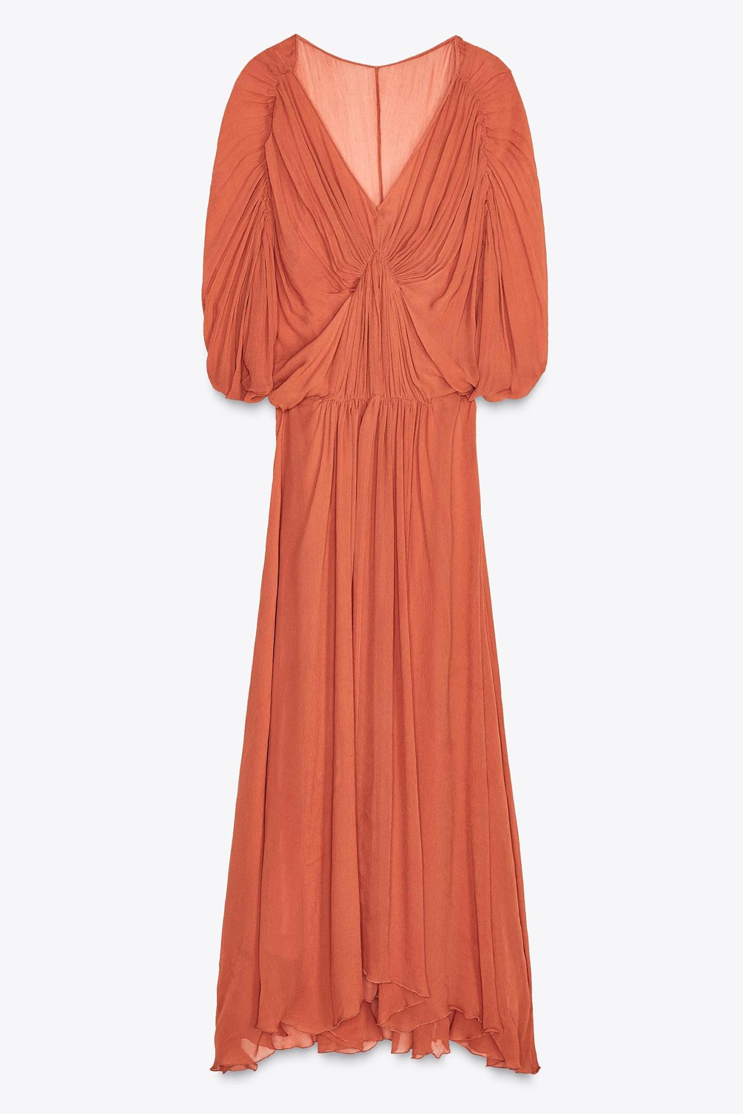 Solid Pleated Batwing Sleeve Slit Midi Dress