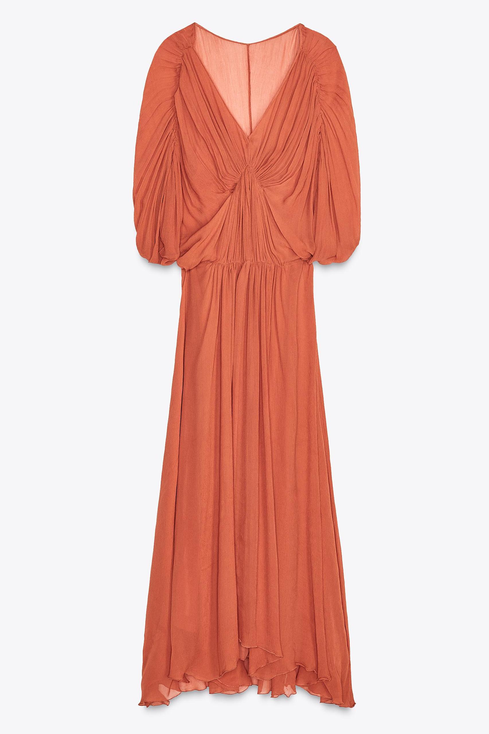 Solid Pleated Batwing Sleeve Slit Midi Dress
