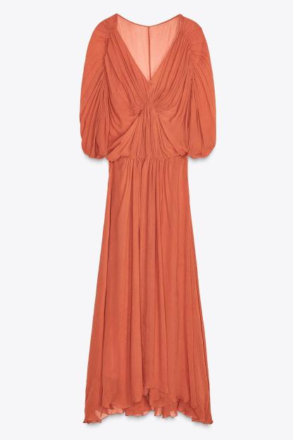 Solid Pleated Batwing Sleeve Slit Midi Dress