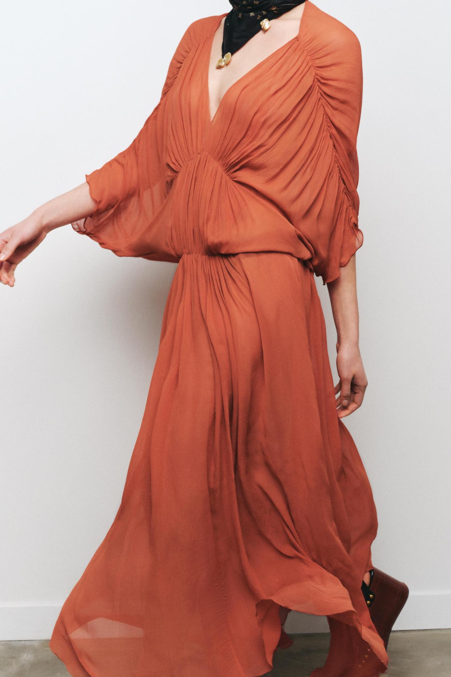 Solid Pleated Batwing Sleeve Slit Midi Dress
