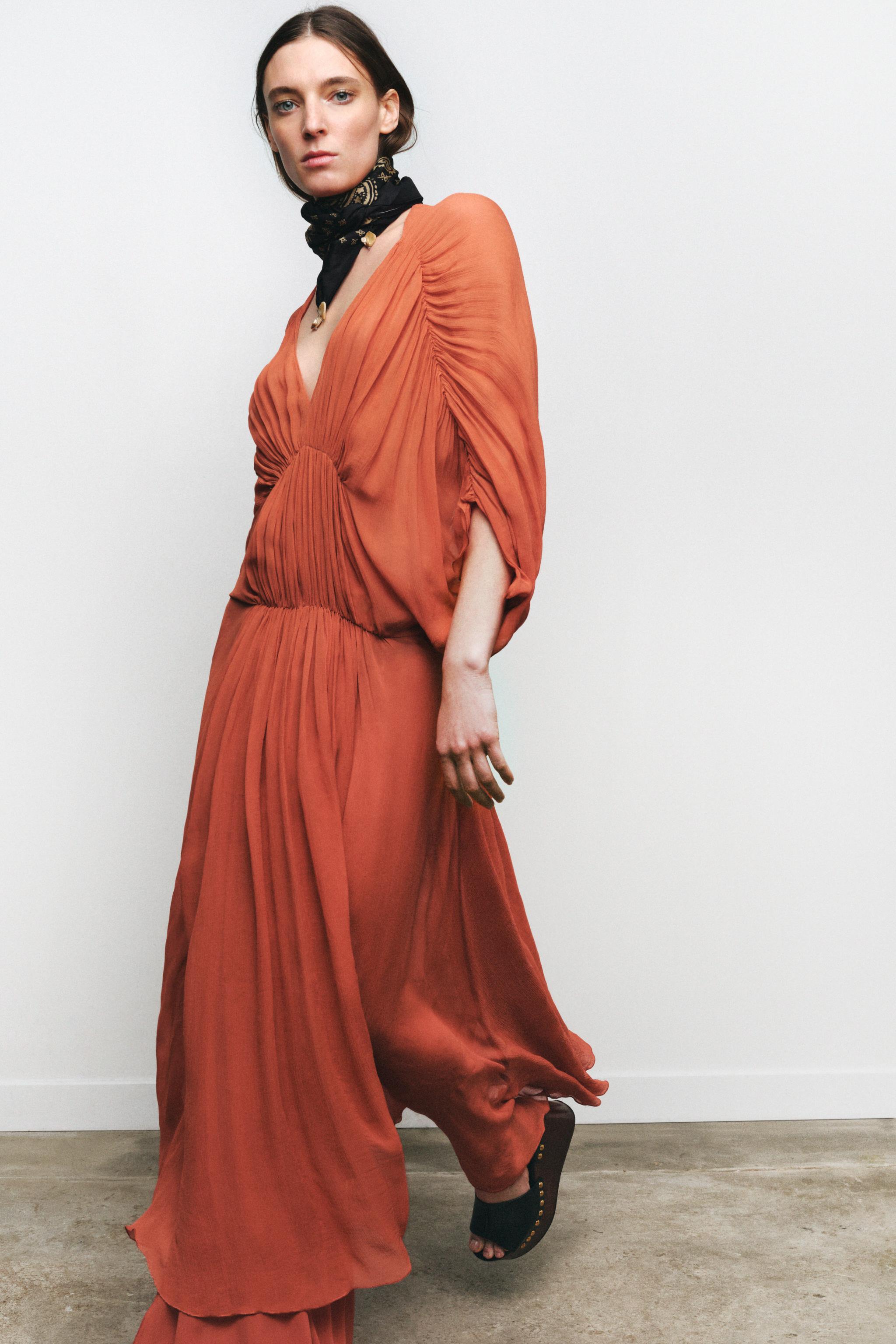 Solid Pleated Batwing Sleeve Slit Midi Dress