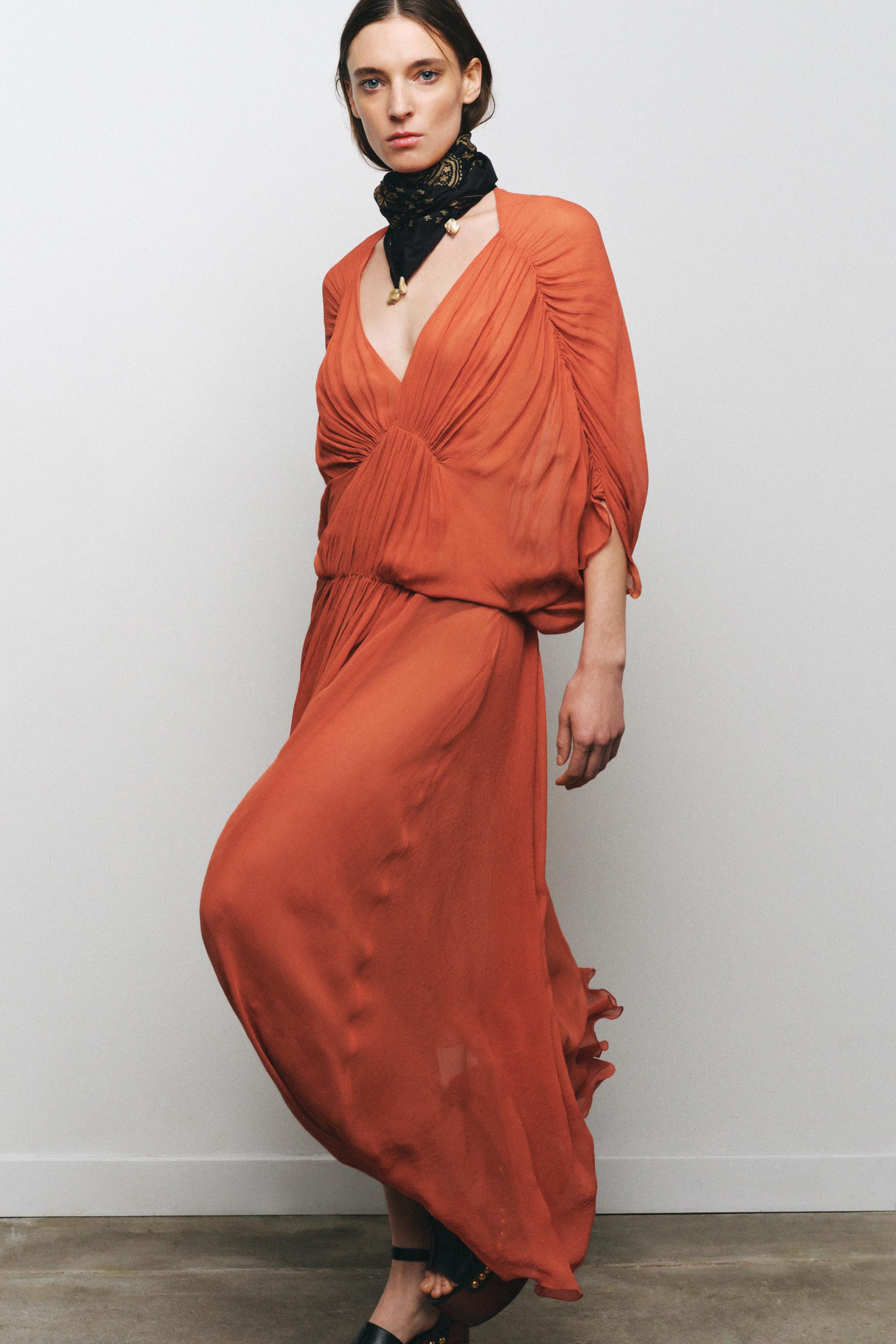Solid Pleated Batwing Sleeve Slit Midi Dress