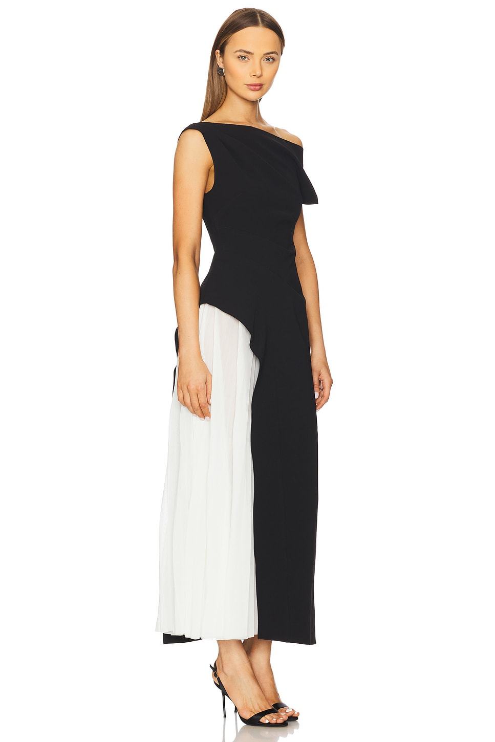 Contrast Color Pleated Off-Shoulder Midi Dress