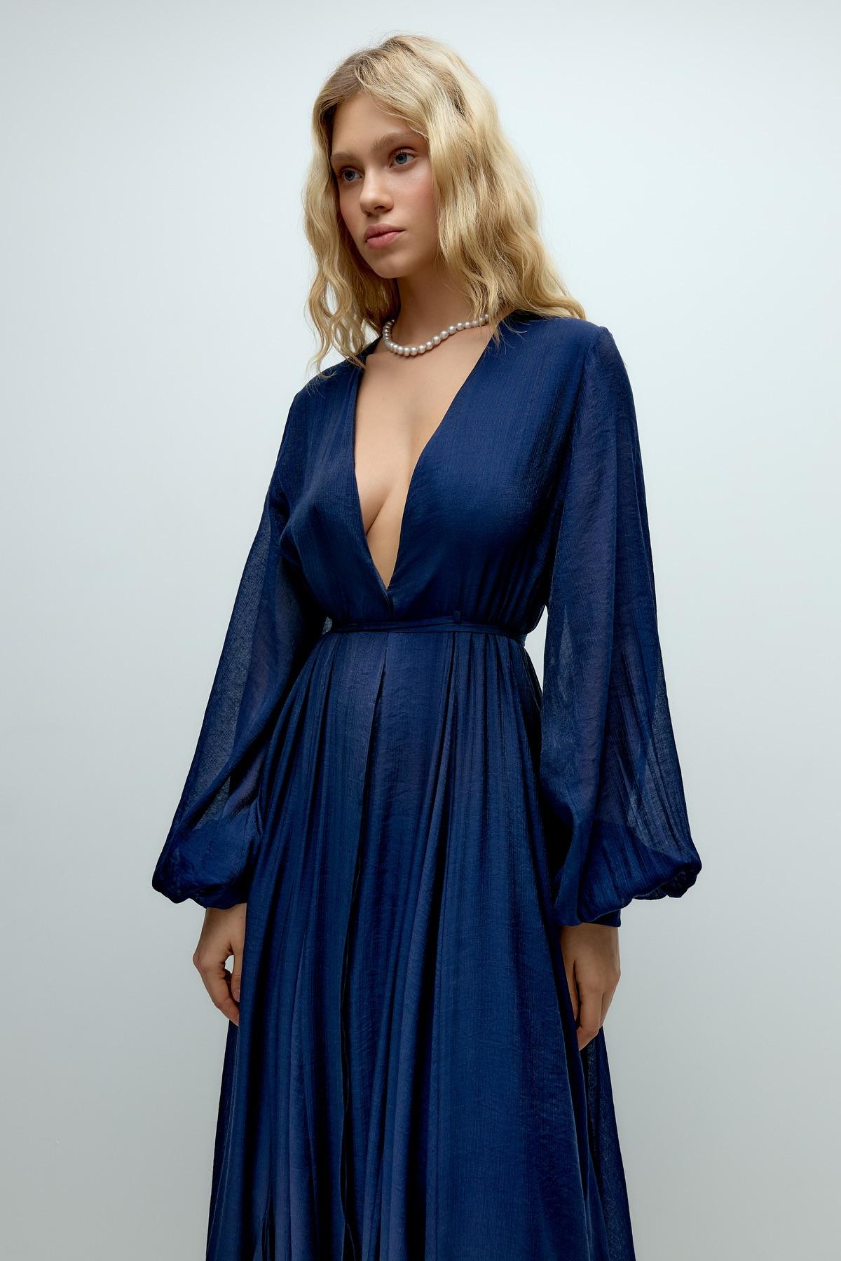 Chiffon V-Neck Smocking Maxi Dress With Belt