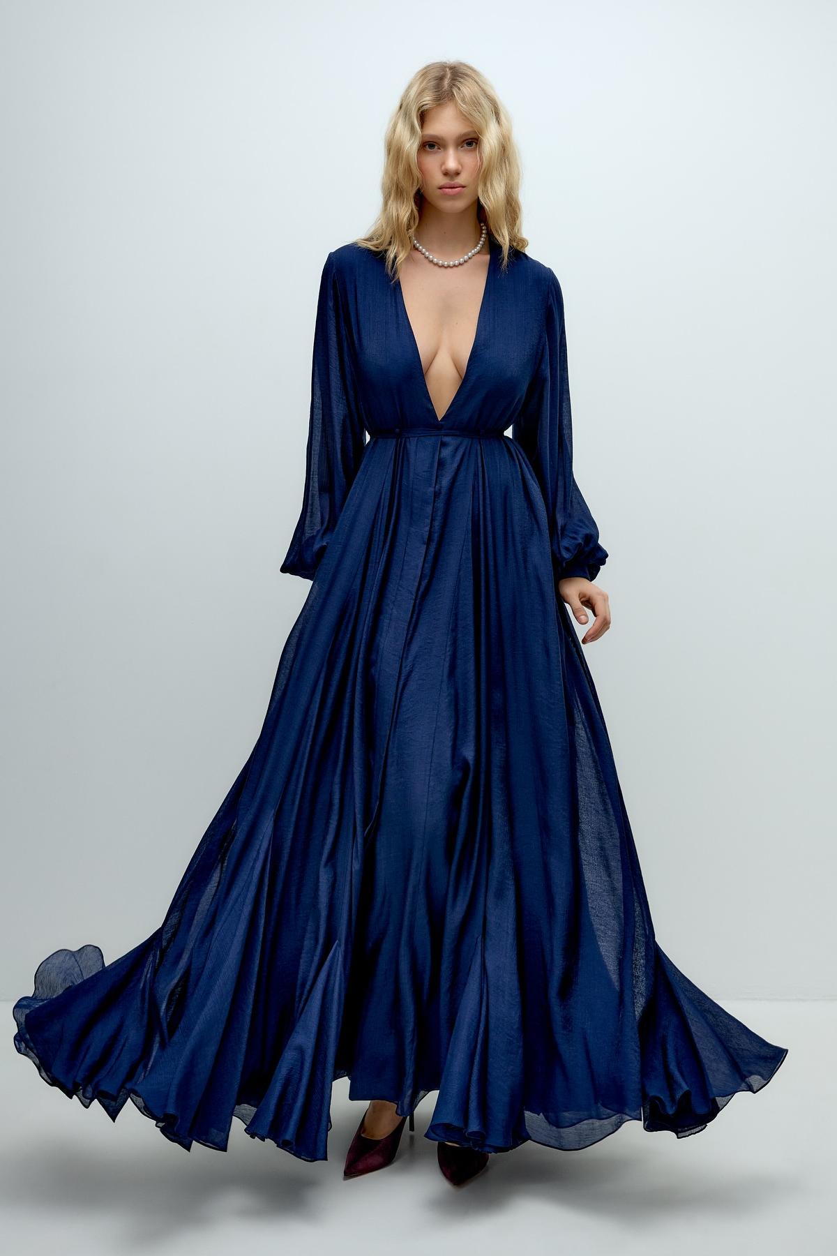 Chiffon V-Neck Smocking Maxi Dress With Belt