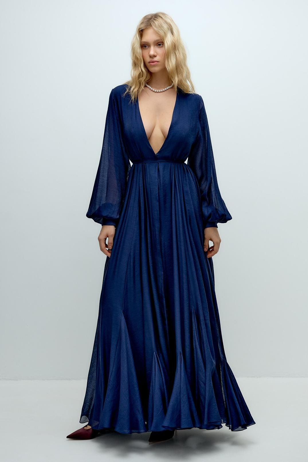 Chiffon V-Neck Smocking Maxi Dress With Belt