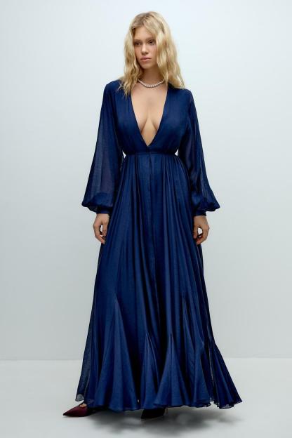 Chiffon V-Neck Smocking Maxi Dress With Belt