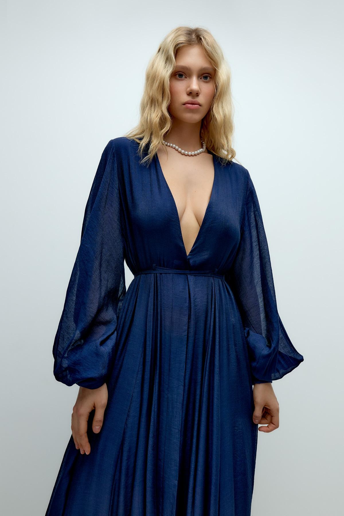 Chiffon V-Neck Smocking Maxi Dress With Belt
