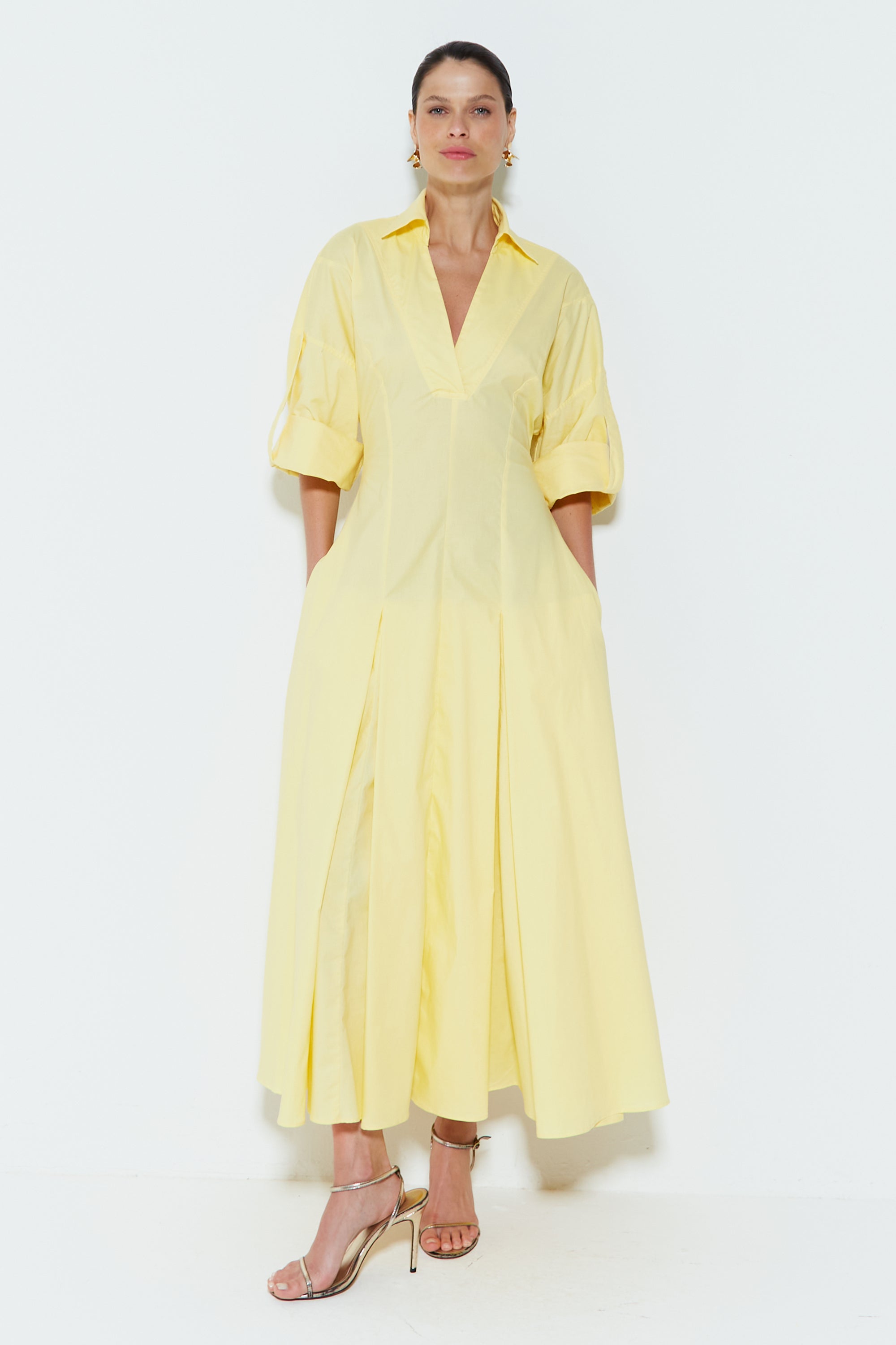 Solid Shirt Collar V-Neck Midi Dress