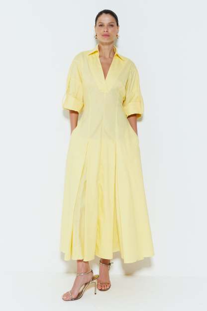 Solid Shirt Collar V-Neck Midi Dress