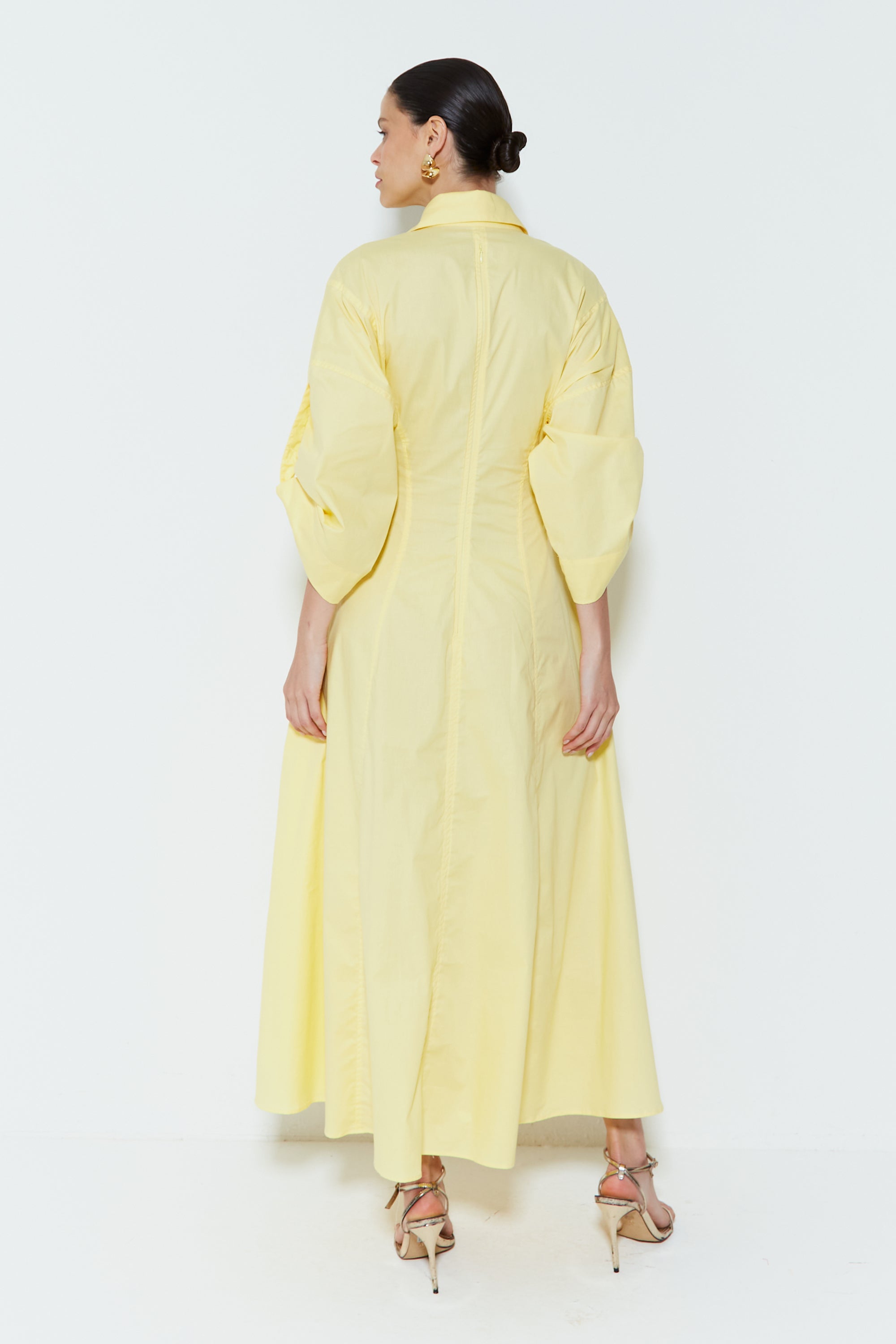 Solid Shirt Collar V-Neck Midi Dress