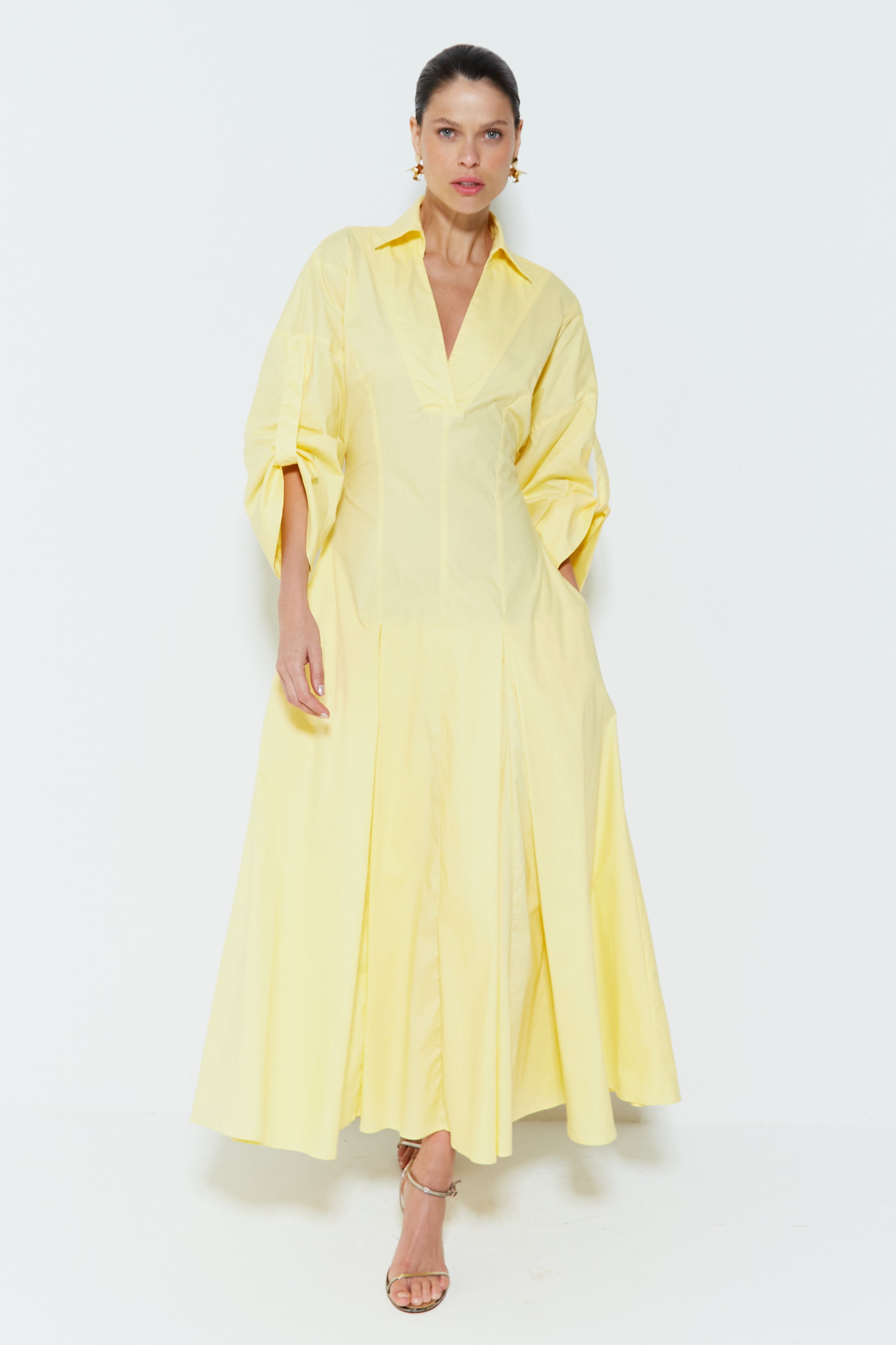 Solid Shirt Collar V-Neck Midi Dress
