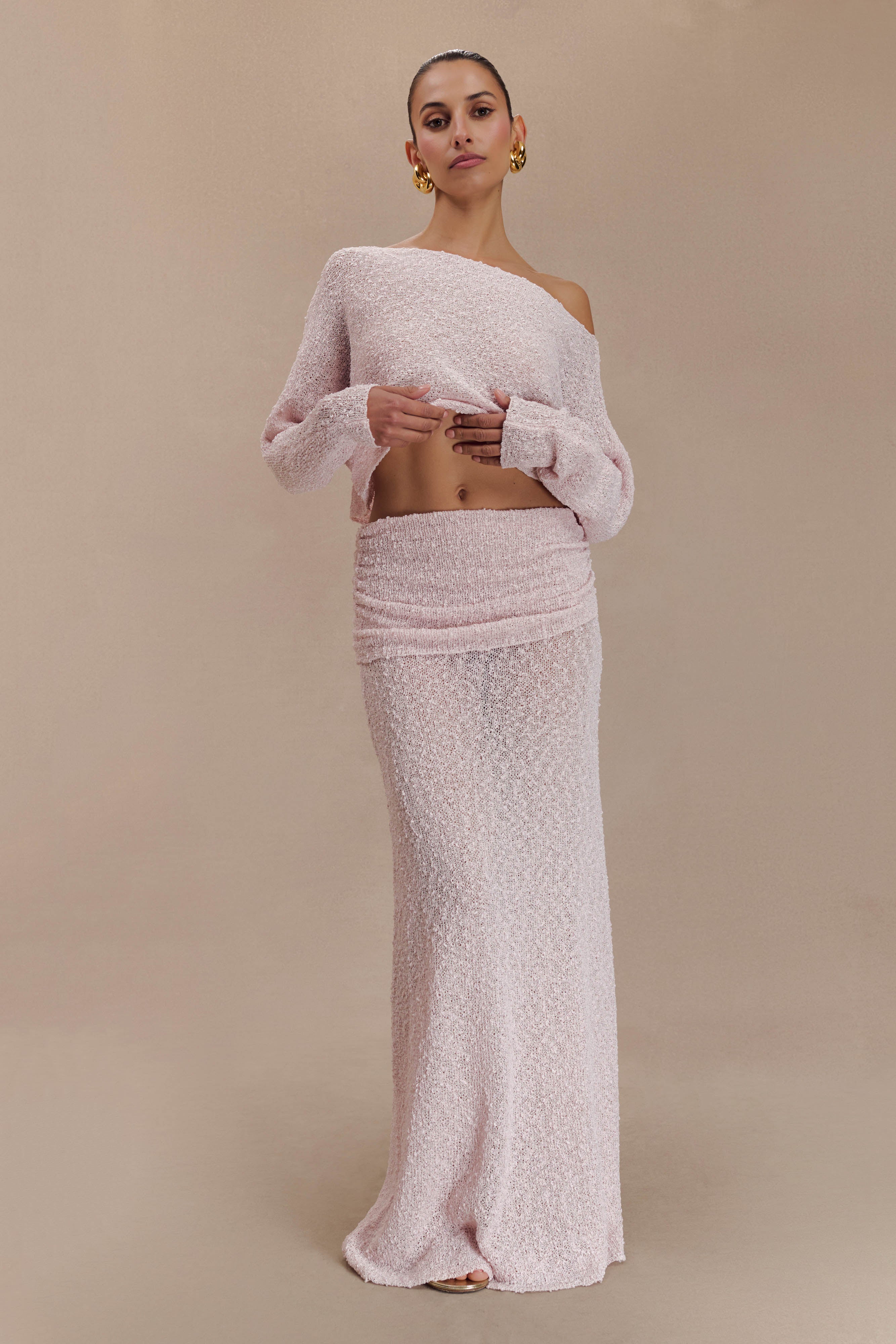 Jersey Skew Collar Long Sleeve Top & High Waist Maxi Skirt Set