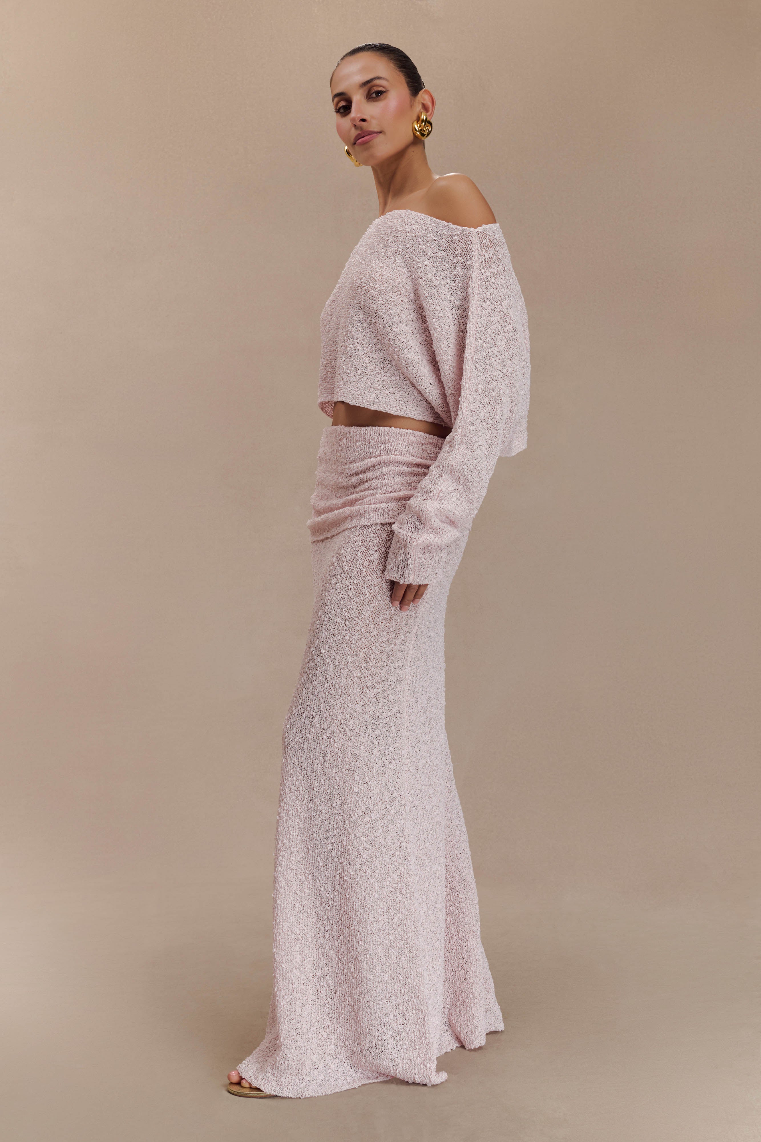 Jersey Skew Collar Long Sleeve Top & High Waist Maxi Skirt Set