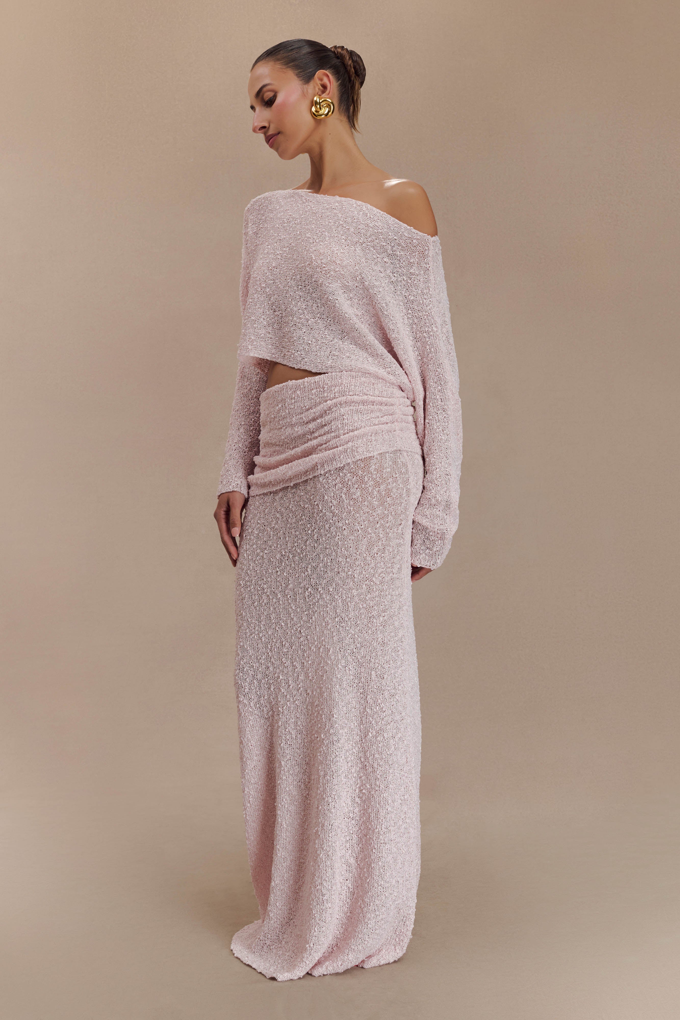 Jersey Skew Collar Long Sleeve Top & High Waist Maxi Skirt Set