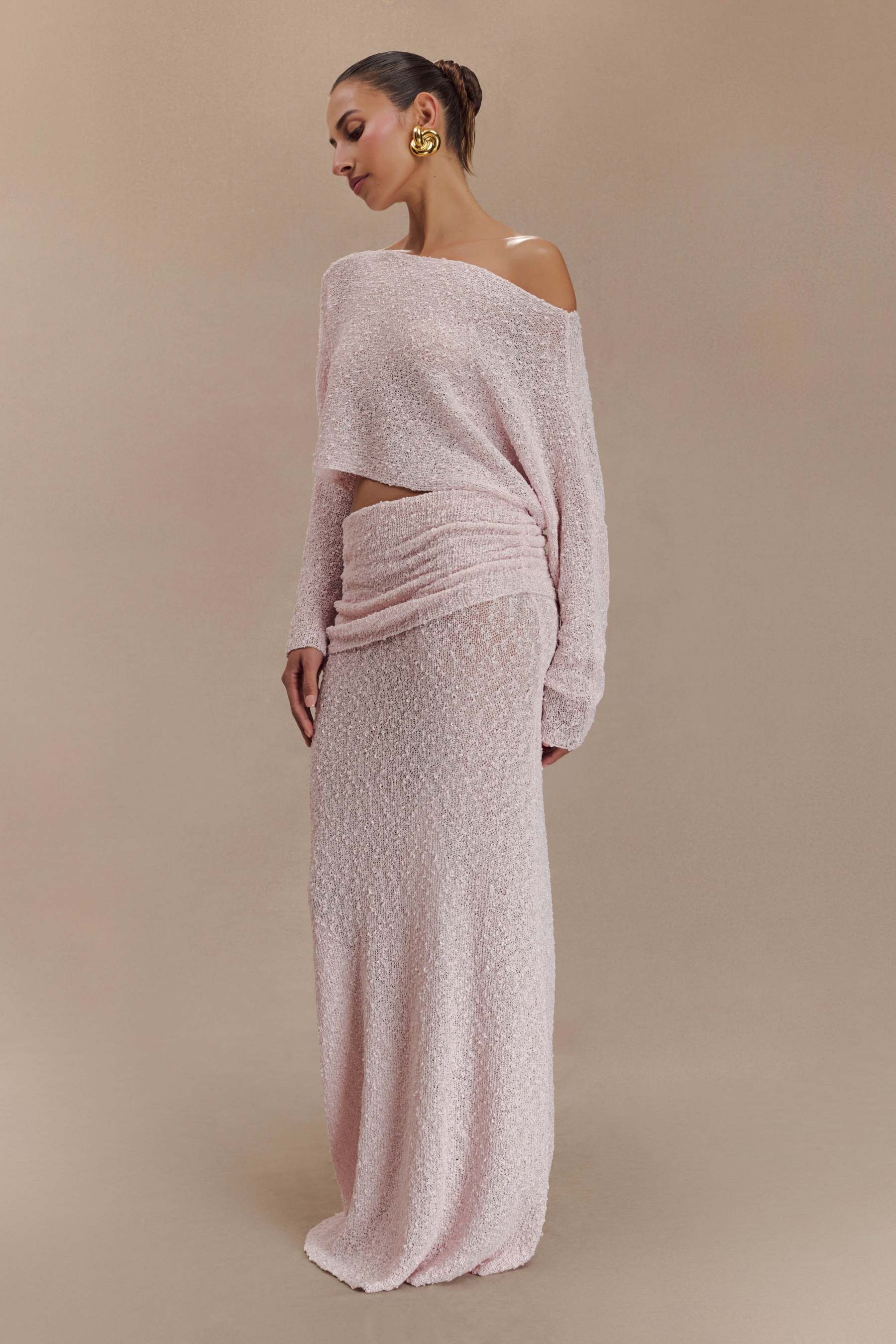 Jersey Skew Collar Long Sleeve Top & High Waist Maxi Skirt Set
