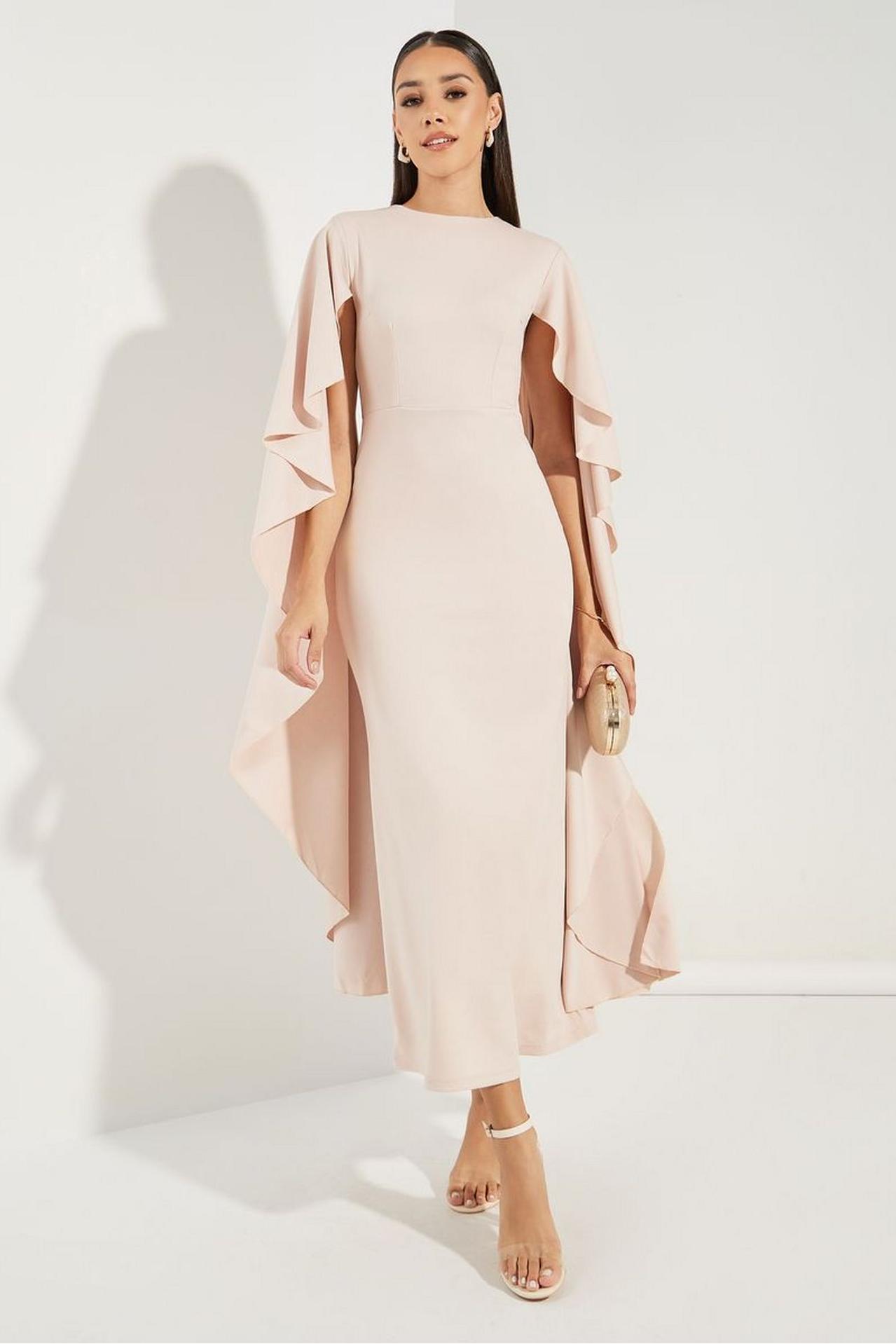 Solid Round Neck Cape Sleeve Midi Dress