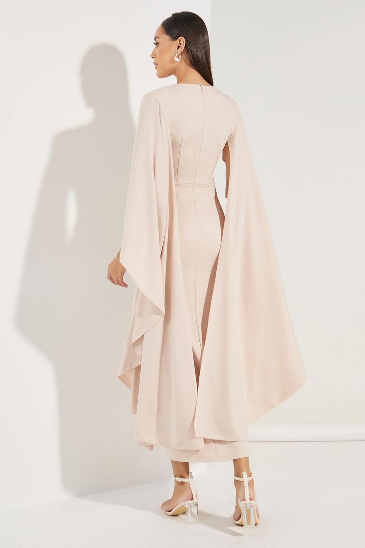 Solid Round Neck Cape Sleeve Midi Dress