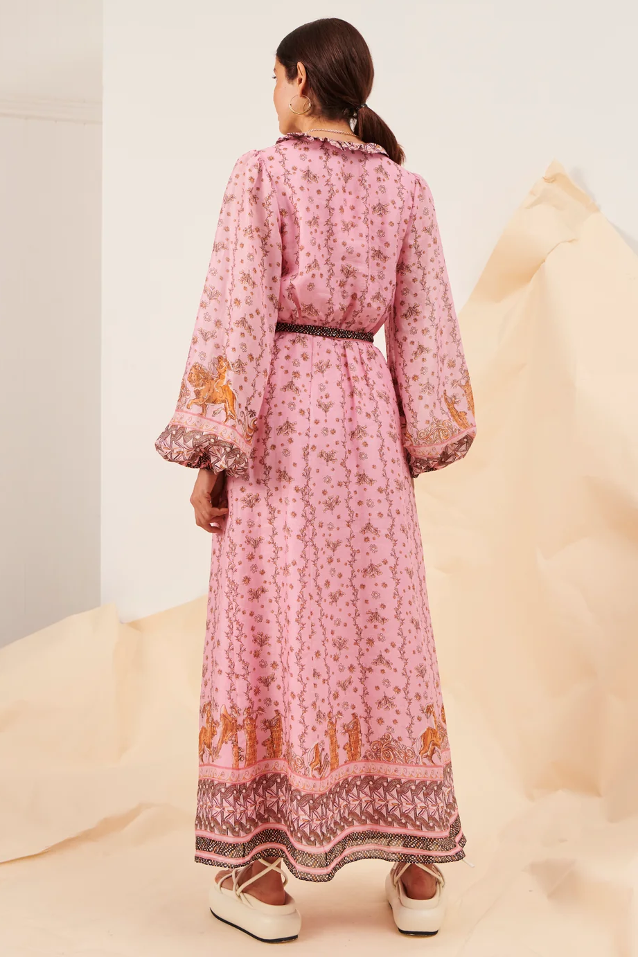 FLoral V-Neck Frill Midi Dress With Belt