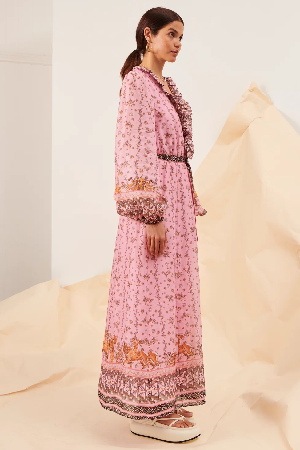 FLoral V-Neck Frill Midi Dress With Belt