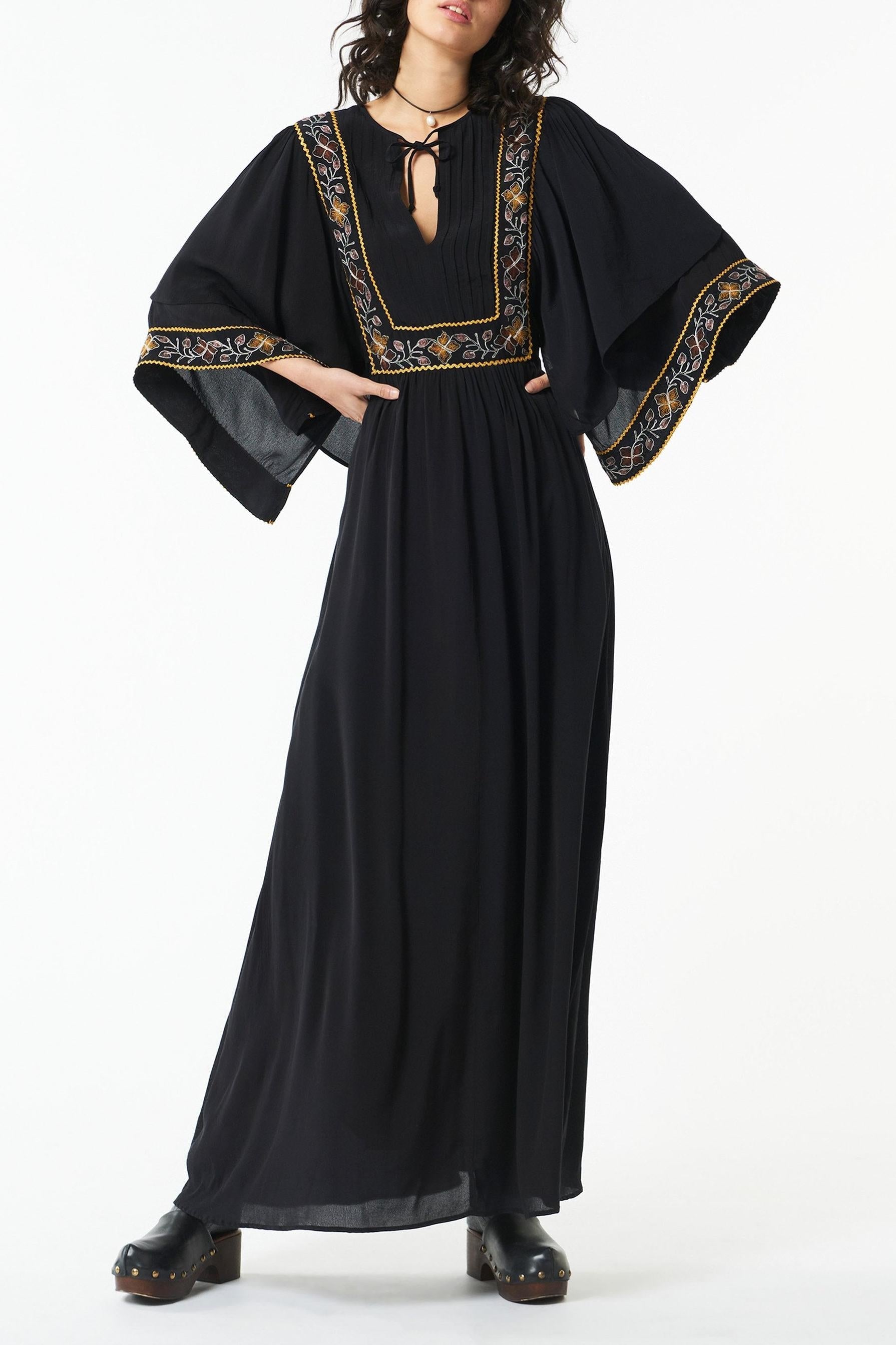 Embroidered Tie-Up Cape Sleeve Midi Dress