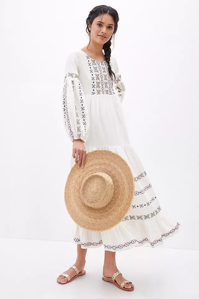 Embroidered Lantern Sleeve Round Neck Midi Dress