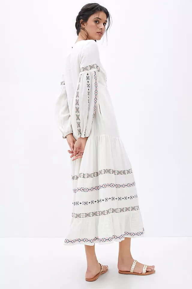 Embroidered Lantern Sleeve Round Neck Midi Dress