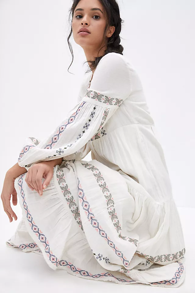 Embroidered Lantern Sleeve Round Neck Midi Dress