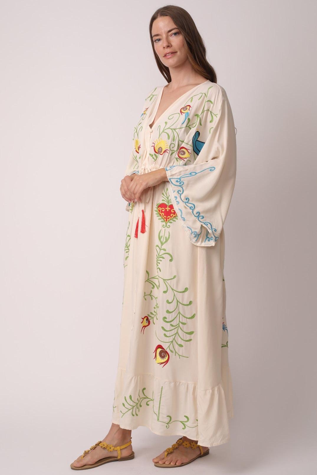 Embroidered V-Neck Single Breasted Maxi Dress With Belt