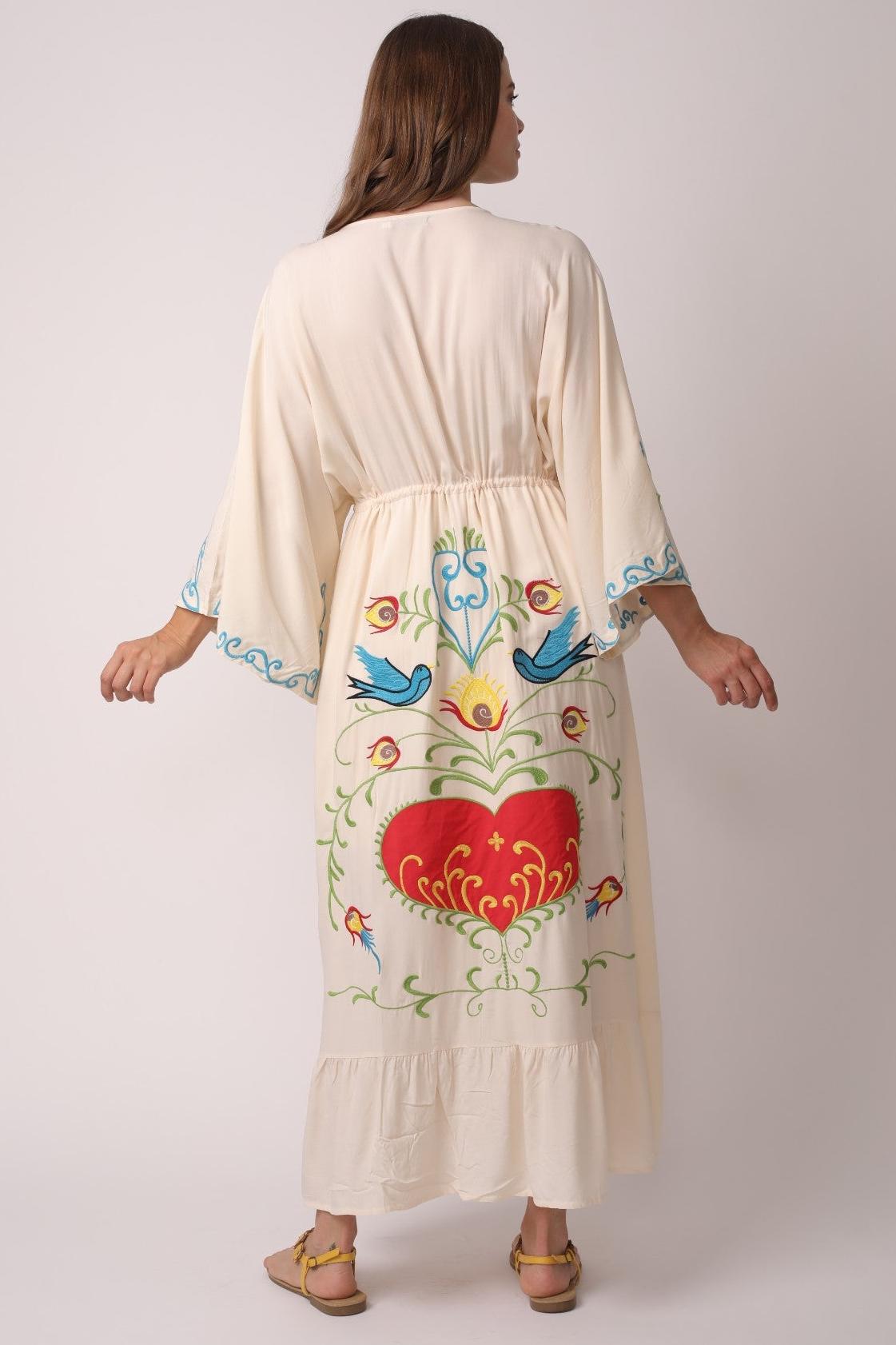 Embroidered V-Neck Single Breasted Maxi Dress With Belt