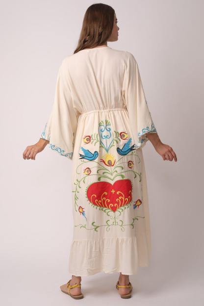 Embroidered V-Neck Single Breasted Maxi Dress With Belt