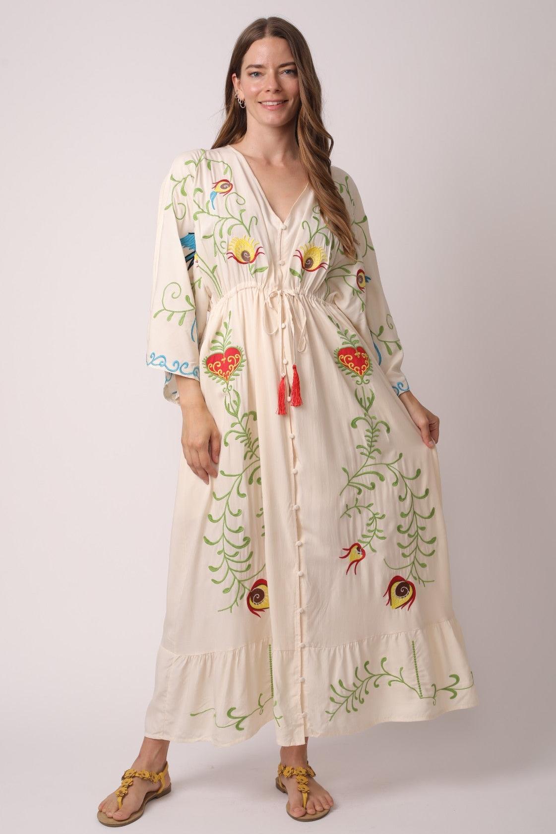 Embroidered V-Neck Single Breasted Maxi Dress With Belt