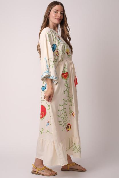 Embroidered V-Neck Single Breasted Maxi Dress With Belt