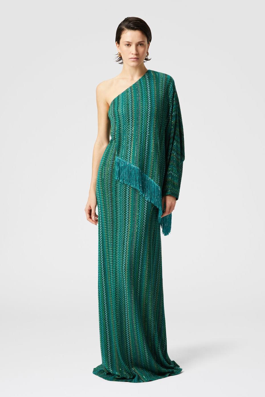 Abstract Print Tassel Skew Collar Maxi Dress