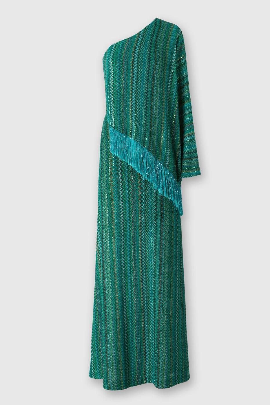 Abstract Print Tassel Skew Collar Maxi Dress