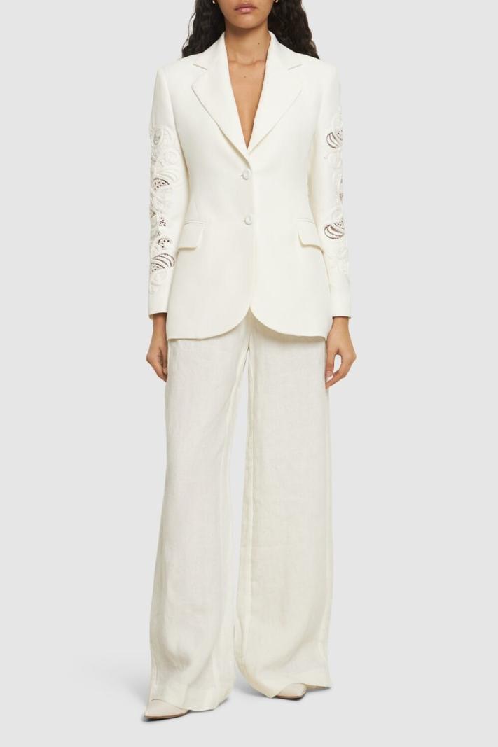 Lace Cut-Out Tailored Collar Blazer & High Waist Pants Set