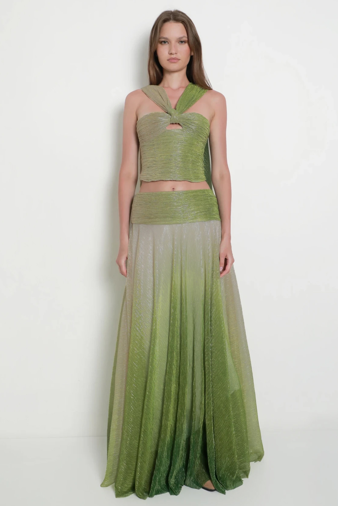 Gradient Color Halter Neck Pleated Top & Mid Waist Skirt Set