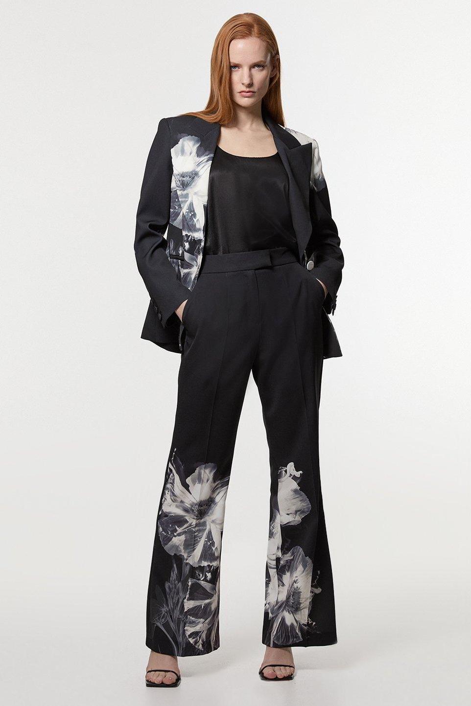 Floral Tailored Collar Blazer & High Waist Pants Set