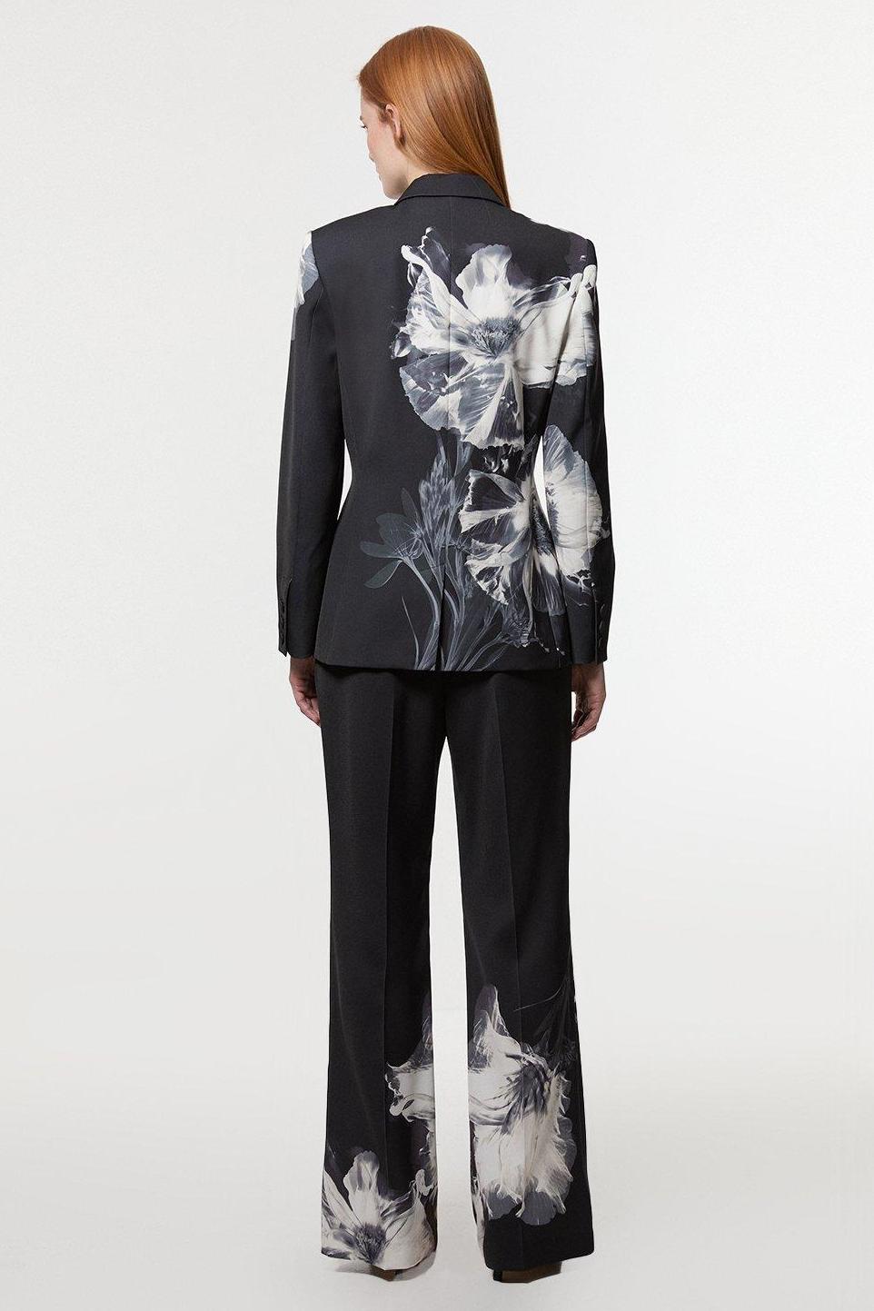 Floral Tailored Collar Blazer & High Waist Pants Set