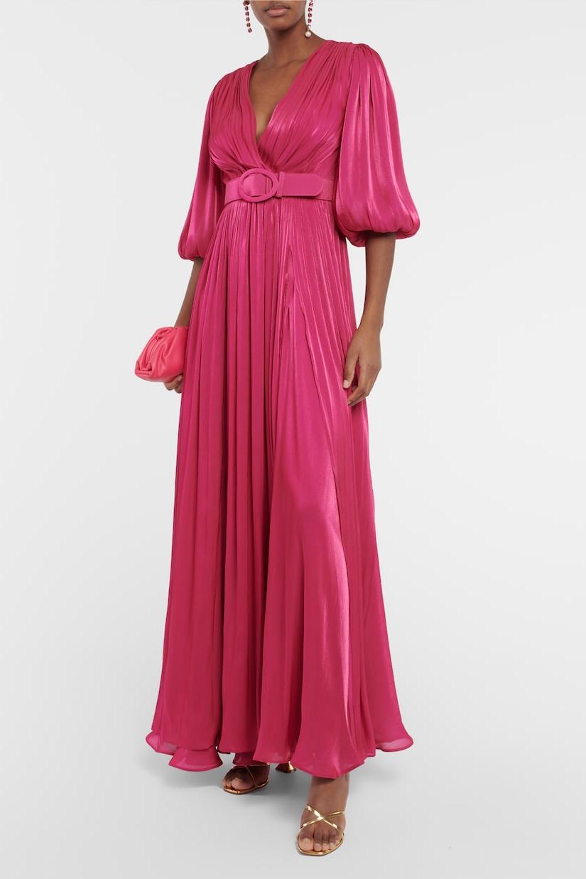 Chiffon V-Neck Puff Sleeve Midi Dress With Belt