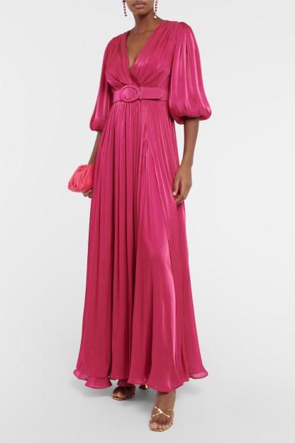 Chiffon V-Neck Puff Sleeve Midi Dress With Belt